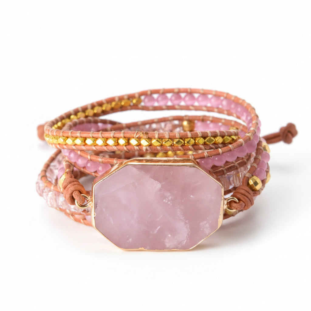 Boho Rose Quartz Wrap Leather Bracelet for Love & Harmony - MysticPavilion