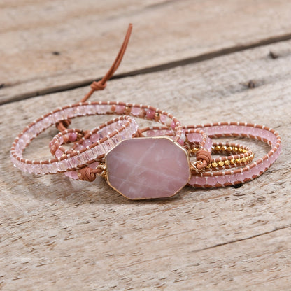 Boho Rose Quartz Wrap Leather Bracelet for Love & Harmony - MysticPavilion