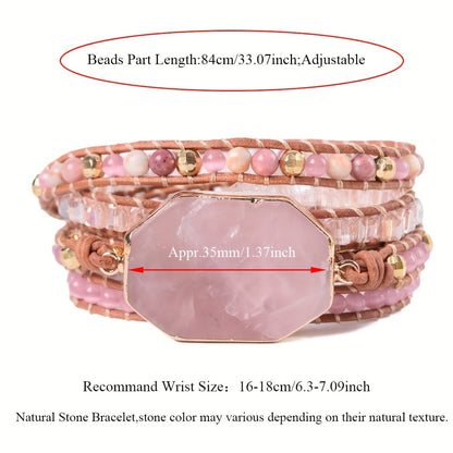 Boho Rose Quartz Wrap Leather Bracelet for Love & Harmony - MysticPavilion
