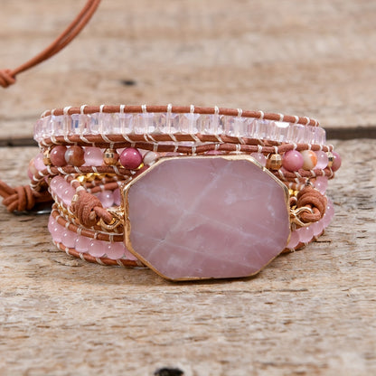 Boho Rose Quartz Wrap Leather Bracelet for Love & Harmony - MysticPavilion