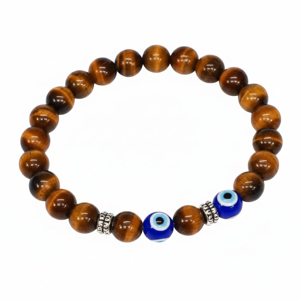 Tiger Eye Beaded Blue Evil Eye Bracelet For Protection & Strength - MysticPavilion